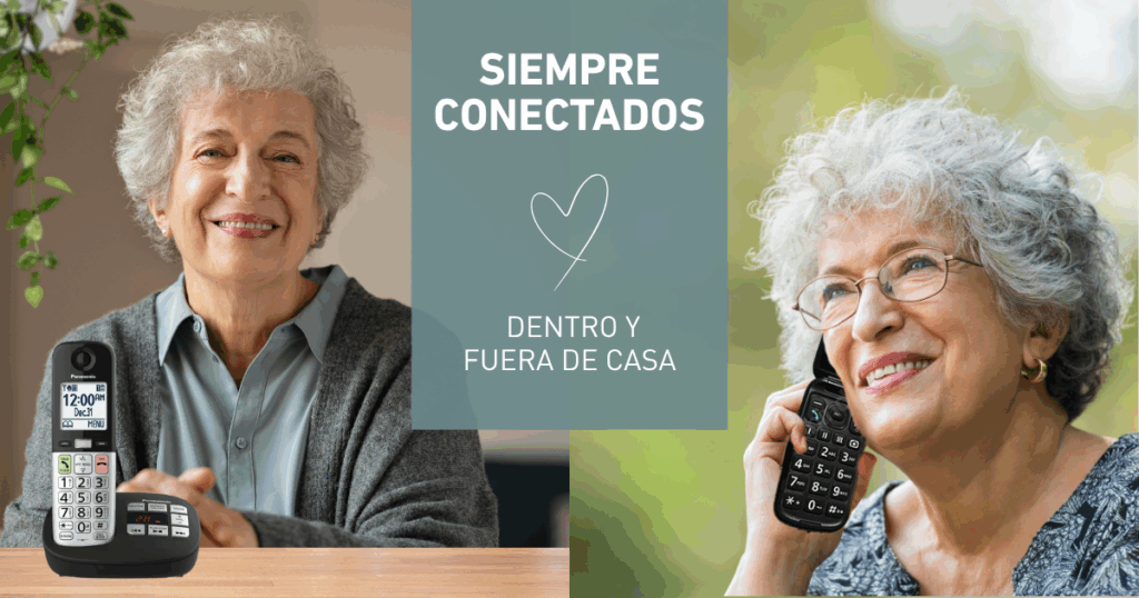 Mujer mayor con teléfono fijo en casa y teléfono móvil fuera