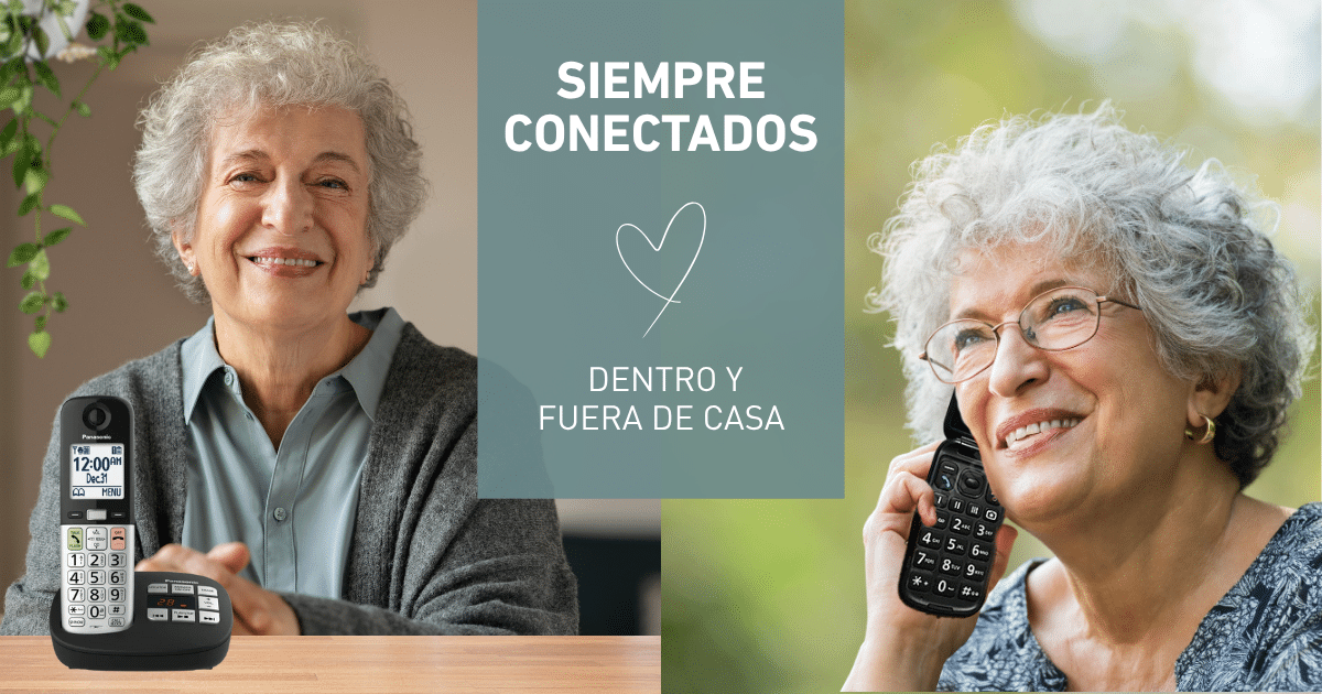 Mujer mayor con teléfono fijo en casa y teléfono móvil fuera
