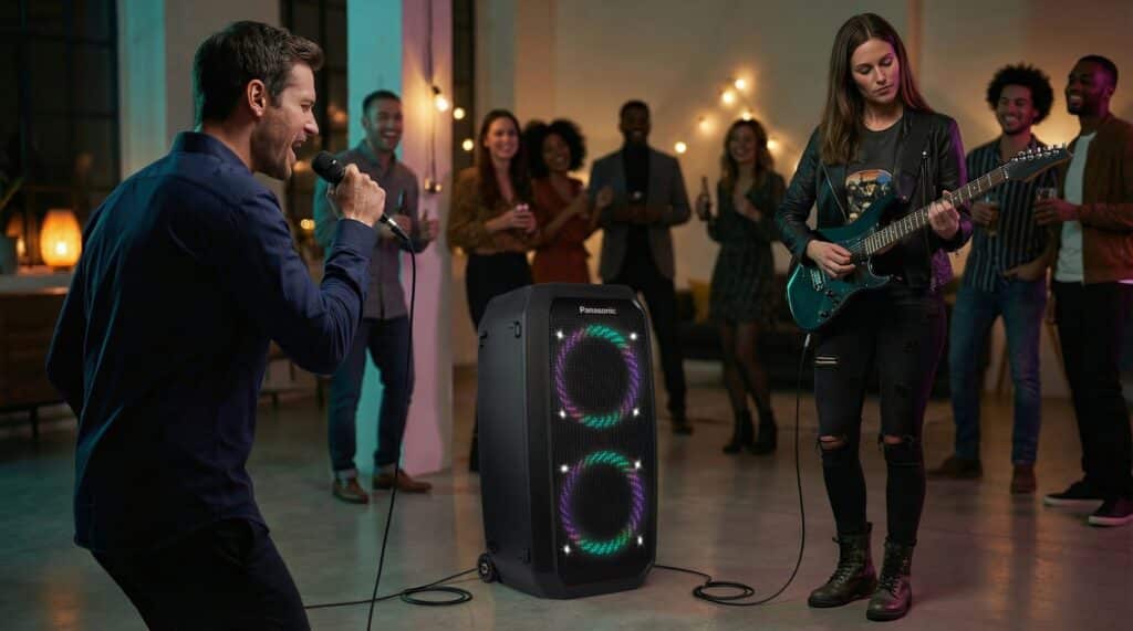 Gente de fiesta con el altavoz Panasonic BMAX30, con karaoke y guitarra