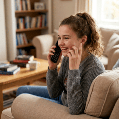 Niña llamando a sus padres con un Panasonic KX-TU410